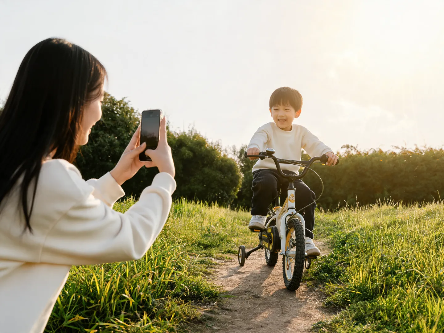 Ein Kind fährt Fahrrad, während eine erwachsene Person den Moment mit dem Smartphone festhält.