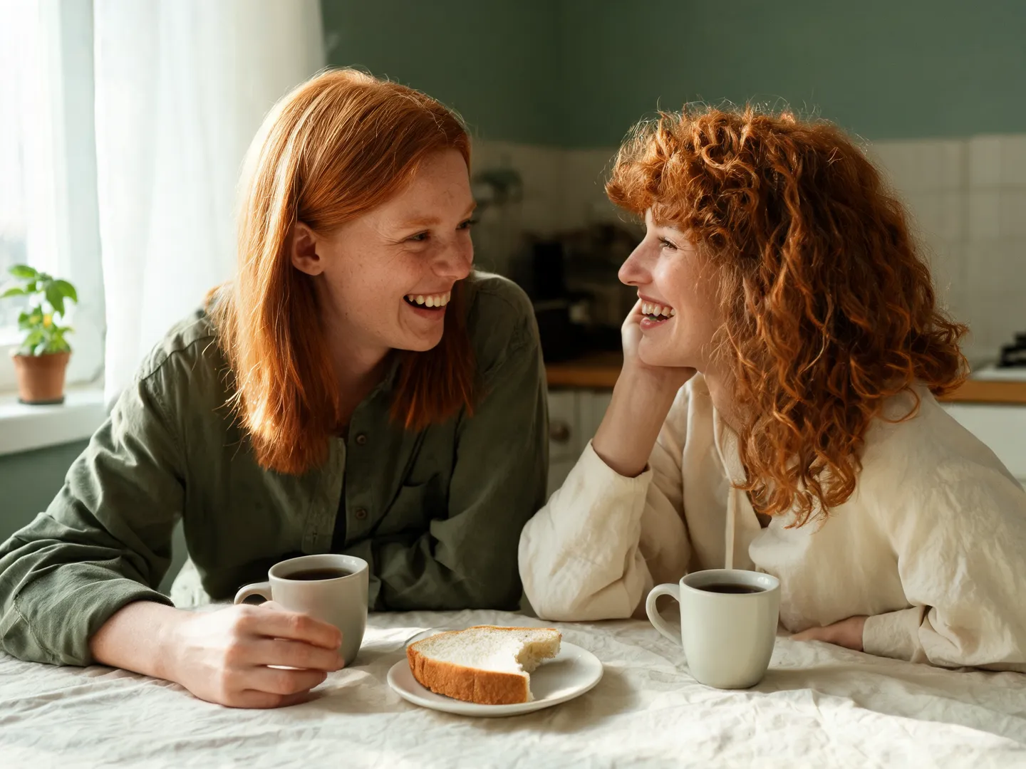 Zwei Erwachsene lachen miteinander bei einem Kaffee am Küchentisch.